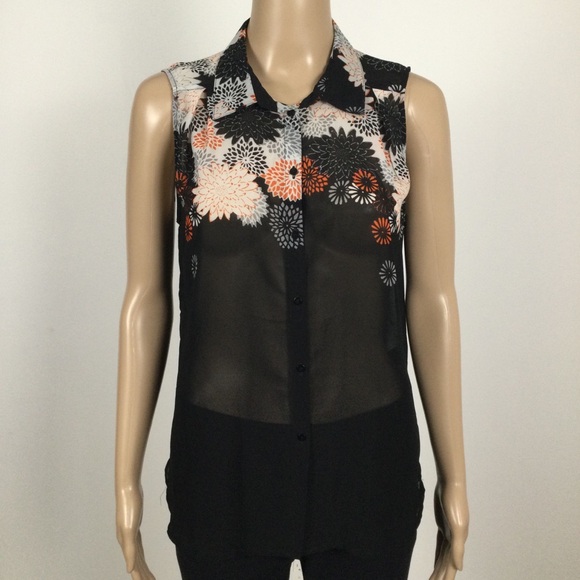 H&M Sleeveless Floral On Black Motif Hi-Lo Blouse - Picture 3 of 3